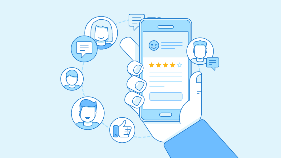 An illustration of a person holding a mobile device and reading reviews.