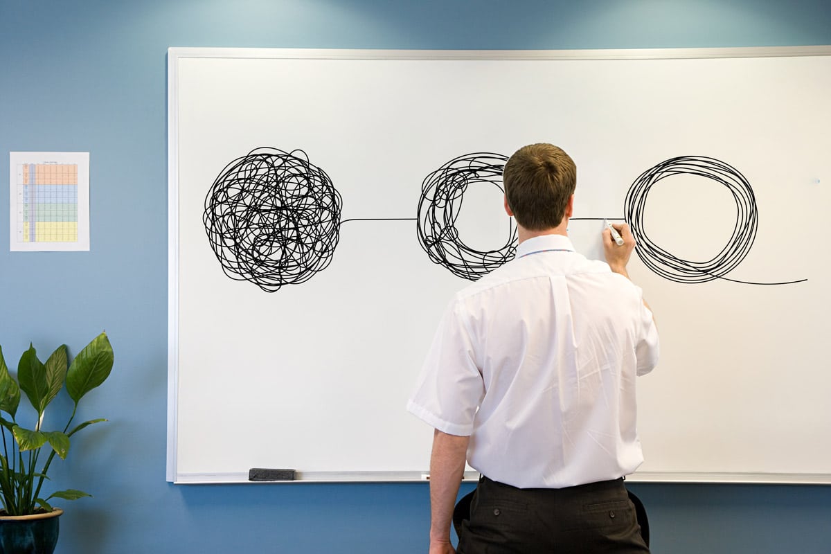 A man at a whiteboard drawing decreasingly complex doodles.