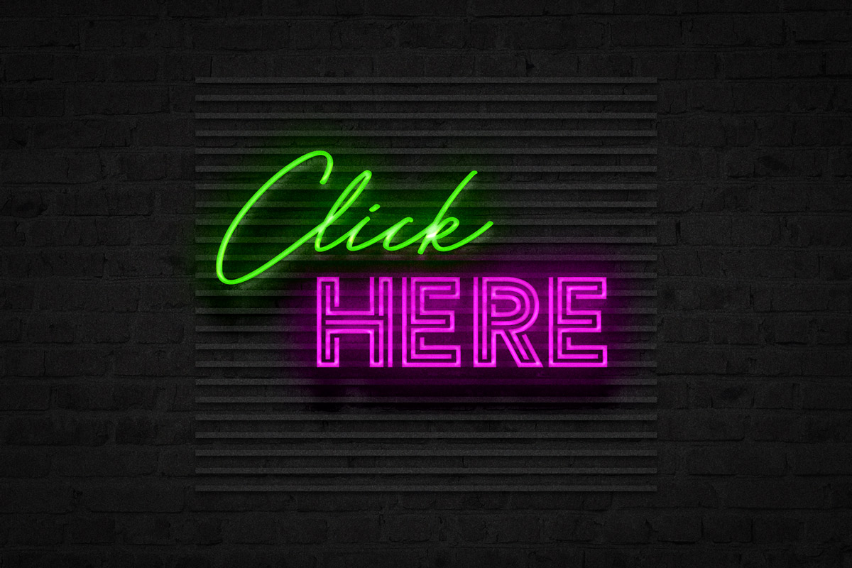 Neon letters spell out "Click HERE."