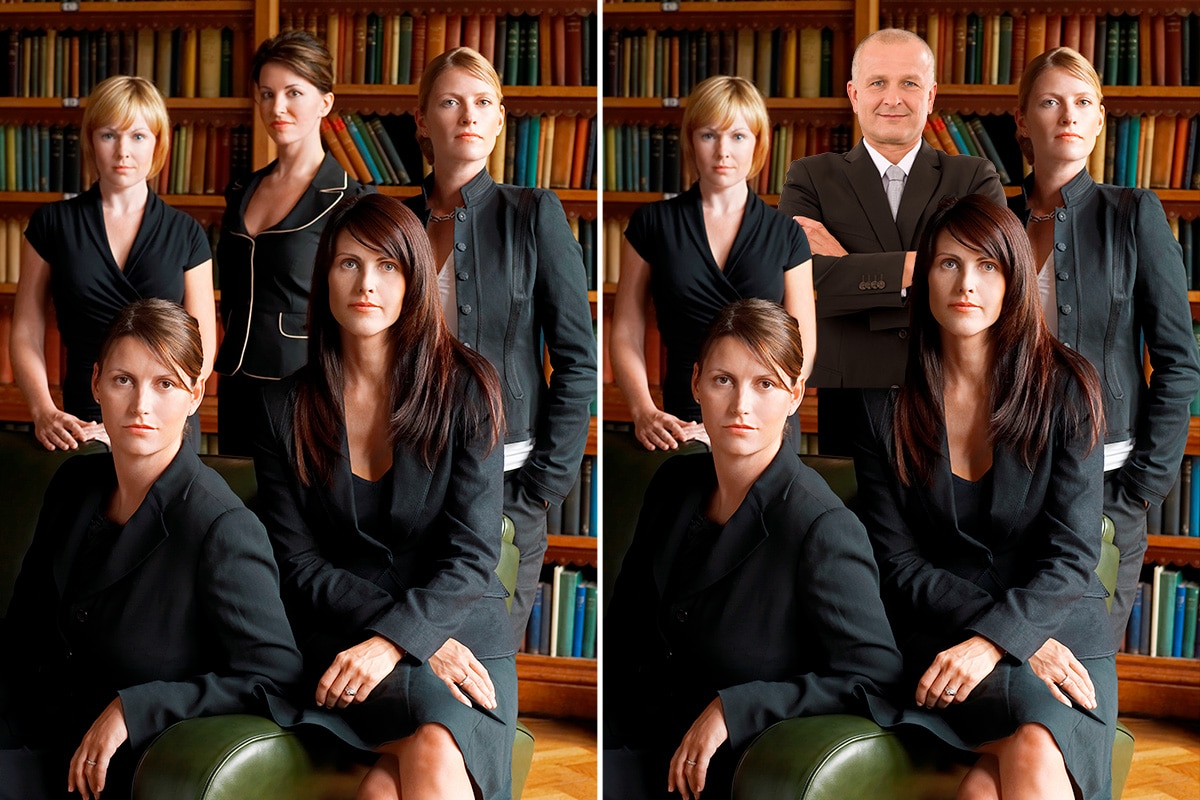 Two group portraits of lawyers in a library.